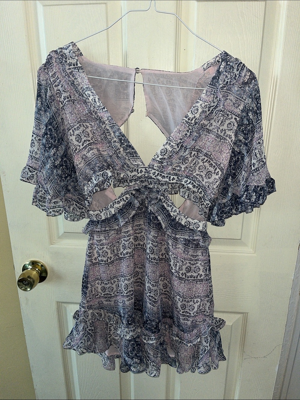 Boho Flutter Sleeve Mini Dress in Lavender and Navy